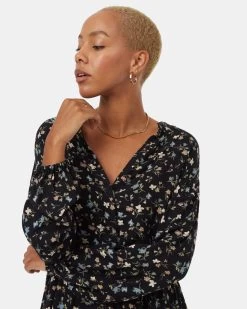 Tentree EcoWoven Crepe Longsleeve Dress 8 Tentree EcoWoven Crepe Longsleeve Dress -Tentree Sales Store Black Crepe Blouson Knee Length Long Sleeve Dress TCW5361 2903 3