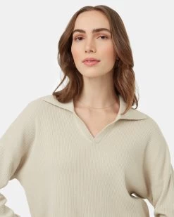 Tentree Highline Collared Cinch Waist Sweater -Tentree Sales Store TCW5343 Oatmeal Organic Cotton V Neck Cinch Waist Sweatshirt 3