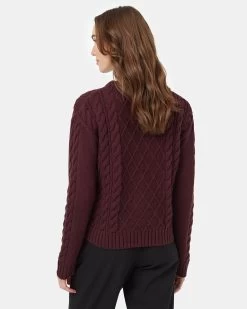 Tentree Highline Wool Cable Crew Sweater -Tentree Sales Store TCW5909 Burgundy Women s Knit Wool Ribbed Jumper 2